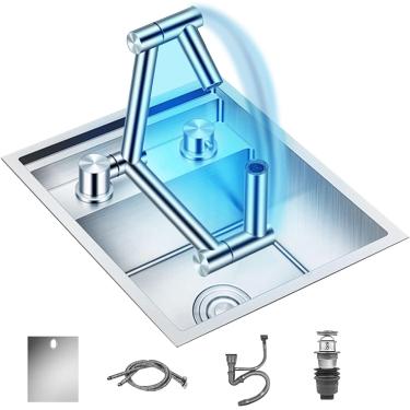 Imagem de Pia De Preparação De Bar, Pia De Cozinha Com Tampa, Tigela Única De Aço Inoxidável Embutida, Torneira Dobrável Iludes & Conexões, Silver, 32 * 43 * 23cm