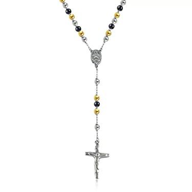 Imagem de Savlano Colar de cruz de rosário com contas de aço inoxidável – 6 mm cruz crucifixo colar rosário corrente para mulheres e homens, joias religiosas vêm em prata, ouro, rosa, preto com uma caixa de presente, Aço inoxidável, Sem Pedra Preciosa
