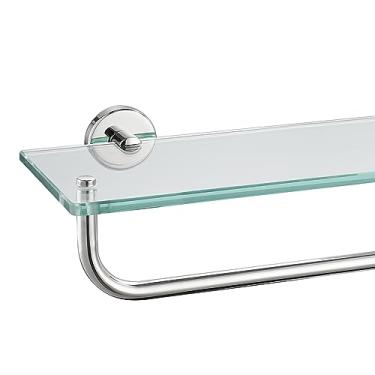 Imagem de JQK Prateleira de vidro para banheiro Chome polida, prateleira com barra de toalha de 79 polegadas, armazenamento de chuveiro de vidro temperado 76,2 x 12,7 cm, suporte de parede com acabamento