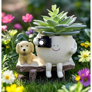 Imagem de Vaso decorativo de suculentas com câmera de cachorro, design de banco de jardim, plantador de rosto, cacto de resina, vaso de plantas para ambientes internos e externos (pequeno)