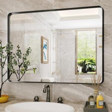 Imagem de Espelho de banheiro, espelho de parede de 61 cm x 81 cm com moldura de metal arredondado escovado, espelho retangular para banheiro, vidro temperado, antiferrugem, horizontal/vertical