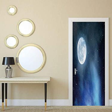 Imagem de Adesivo de papel de parede com pintura de parede para porta de quarto lua, céu noturno com estrelas, lua cheia, universo, espaço, corpos celestiais, noite romântica, para dormitórios, escritórios e