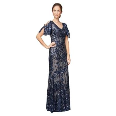 Imagem de Alex Evenings Vestido feminino longo de lantejoulas para mãe da noiva com mangas esvoaçantes de ombro vazado (tamanhos pequeno e regular), Manga esvoaçante azul marinho/nude, 44