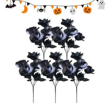Imagem de Flores Pretas Artificiais,Flores Pretas E Brancas - 5 Peças Buquê Realista Assustador com Hastes Arranjos Florais e Centros de Mesa para Decoração de Quarto Festa Casamento Halloween