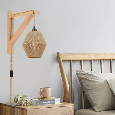 Imagem de Arandelas de parede E27 Plug in Rústico Antigo Lâmpada de Parede com Interruptor Arandela de Parede com Suporte de Madeira Cabo de Corda Industrial Gaiola de Metal para Cozinha Ilha Quinta Sala de