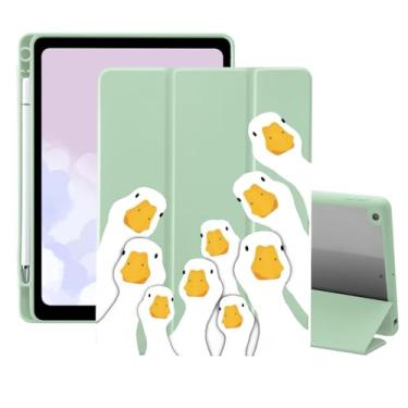 Imagem de Capa divertida de ganso para iPad Air de 11 polegadas M3 2025/M2 2024/iPad Air 5 2022/Air 4 2020 de 10,9 polegadas com suporte de lápis com três dobras, couro verde, capa feminina transparente