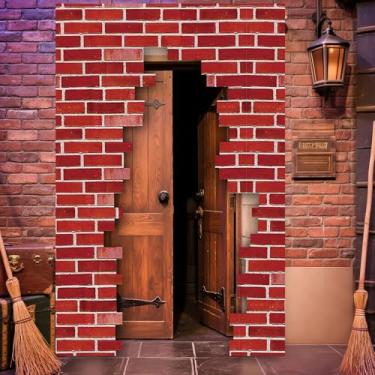 Imagem de Preboun 199.9 cm x 119.9 cm Sinais de porta Wizards Magical Wizard Banner Placa de porta de tijolo vermelho decoração de fundo de parede Halloween pendurado varanda banner pano de fundo para Halloween
