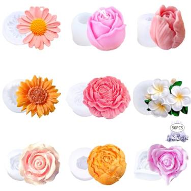 Imagem de 9 peças de moldes de vela de silicone de tulipa rosa moldes de flores de silicone para velas de silicone para cera de soja, cera de abelha, fabricação de velas, artesanato em resina