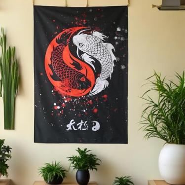 Imagem de Hyakkwind Tapeçaria japonesa de peixe Tai Chi Koi, tapeçarias de arte preta fixe para pendurar na parede para quarto masculino, sala de estar, decoração estética vertical (60L X 40W)