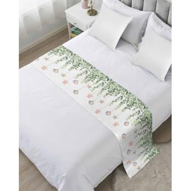 Imagem de Cama, corredor, verde, folhas de eucalipto, tartarugas marinhas, cachecóis decorativos, concha oceânica, estrela-do-mar, cama macia para quarto, hotel, casamento, 203 x 50 cm