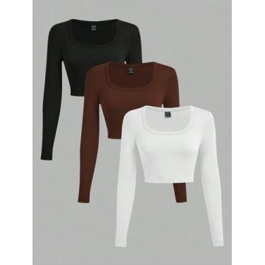 Imagem de 3 Peças/Conjunto Camisetas Cropped de Manga Longa com Gola em U Minima
