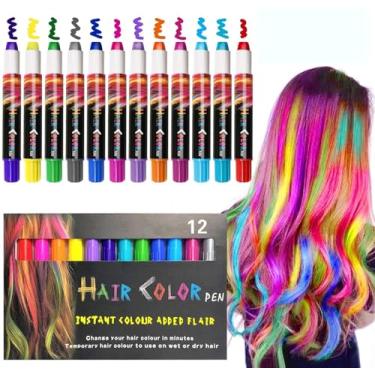 Imagem de Giz de cabelo temporário descartável de 12 cores Kalolary, canetas de giz de cabelo para meninas, cores laváveis, presentes de aniversário, lembranças de festa de Halloween para meninas e crianças