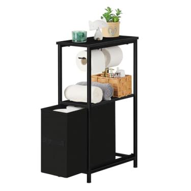 Imagem de Armário de armazenamento de papel higiênico com suporte de papel higiênico preto, pequeno armário de armazenamento de banheiro com prateleiras de armazenamento abertas e gaveta de tecido, comporta até