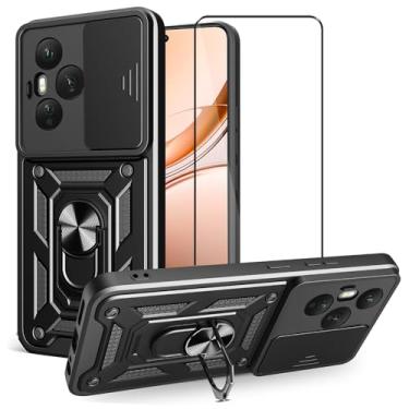 Imagem de CNPUTAO Capa para Huawei Honor 400 Pro com protetor de tela de vidro temperado, janela deslizante para câmera, suporte, capa de telefone de camada dupla antiarranhões à prova de choque, preta