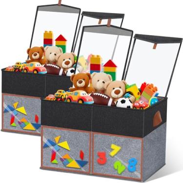 Imagem de LVGOATH Pacote com 2 caixas grandes de armazenamento de brinquedos com tampas transparentes, organizador de brinquedos dobrável com divisórias ajustáveis, cesto de armazenamento infantil para meninos