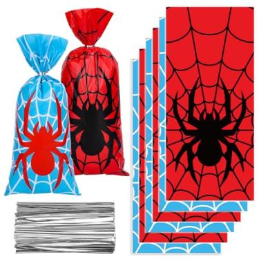 Imagem de Whaline 100 peças de saco de celofane de teia de aranha com laços torcidos prateados vermelho azul aranha plástico goodie saco de festa de herói sacos de violoncelo para suprimentos de festa de