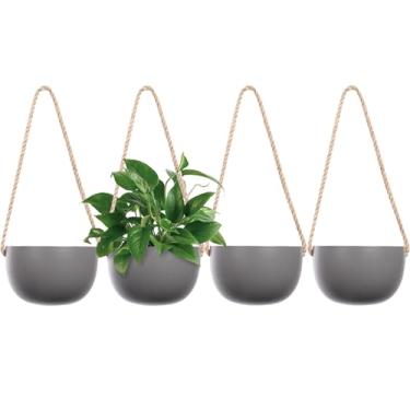 Imagem de INGOFIN Vaso suspenso de cerâmica de 10 cm, vaso de plantas suspenso moderno com corda de juta, vasos de bonsai suculentos, vasos de flores de porcelana cinza fosco, para uso interno e externo