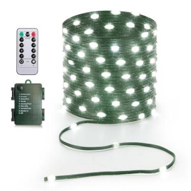 Imagem de KepStars Cordão de luzes operadas por bateria de 10 metros, 100 luzes LED de corda de fadas alimentadas por bateria com controle remoto e temporizador para decoração de guirlanda de árvores de Natal