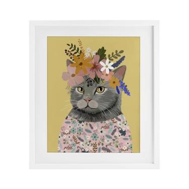 Imagem de Stupell Industries Desenho de retrato floral de gato primavera branco emoldurado sob vidro por Mia Charro, 21 x 17