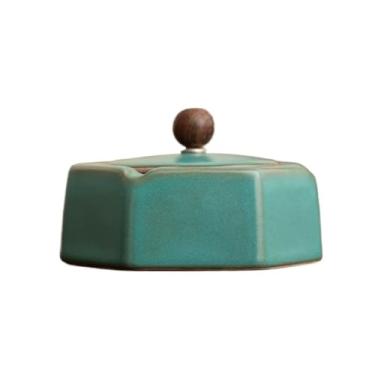 Imagem de Cinzeiro com tampa cerâmica poligonal para sala de estar, escritório, mesa de café, ornamentos de mesa de café, suporte de cinzas (azul)