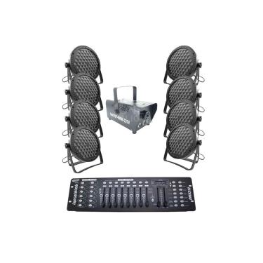 Imagem de Kit 8 Par Led Slim 60 Led 3W+Máq Fumaça 600W+Mesa Dmx512