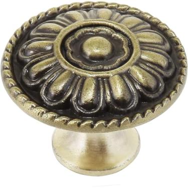 Imagem de trust4care Pacote com 9 puxadores de armário de cozinha de latão escovado estilo europeu - puxadores redondos de gaveta e cômoda vintage envelhecidos - puxadores dourados antigos com floral para toque