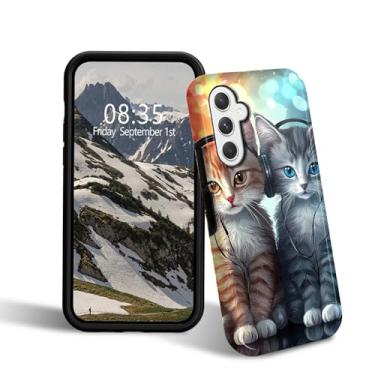 Imagem de BFDHGQZC Capa para celular Samsung Galaxy A16 5G, gatos fofos com fones de ouvido híbrido, camada dupla, capa protetora de silicone à prova de choque para Samsung A16 5G