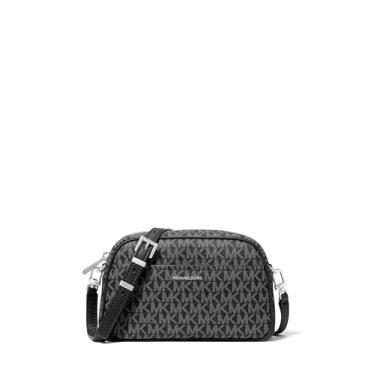 Imagem de Michael Kors Bolsa transversal pequena para câmera Jet Set, ferragens prateadas/Sarja revestida com assinatura Tonal MK/preta