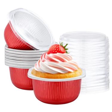 Imagem de Beasea Copos de cozimento descartáveis com tampas, pacote com 25, 445 ml, folha de alumínio, ramequins de 10 cm, recipientes para forno, mini cupcake, recipientes para festas, negócios, porção