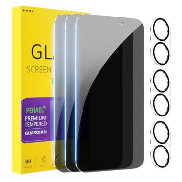 Imagem de PEHAEL Pacote com 3 + 3 protetores de tela de privacidade para 2025 com protetor de lente de câmera cobertura total filme de vidro temperado anti-espião dureza 9H atualização proteção de borda