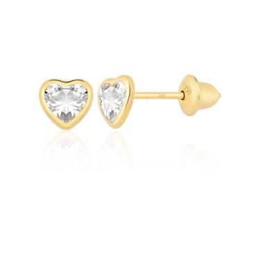 Imagem de Par De Brincos De Coração Pedra 4mm Ouro 18k 750 Solitário Zircônia Br