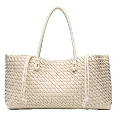 Imagem de Bolsa feminina de tecido de couro PU com 2 peças, bolsa de ombro nas axilas, bolsa Hobo, bolsa transversal, alça superior, Bege branco, Small