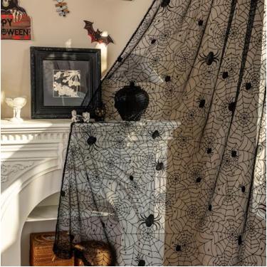 Imagem de YJ YANJUN Cortinas góticas de renda preta com 2 painéis-213 cm de comprimento para sala de estar, sala de jantar, teia de aranha anos 90, decoração de Halloween, bolso para varão 139 x 213 cm, preto