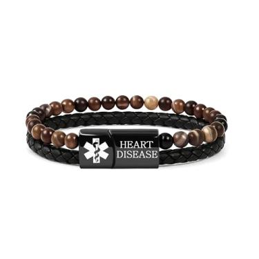 Imagem de Zircobic Pulseiras personalizadas de alerta médico com etiquetas de aço inoxidável gravadas a laser e códigos QR personalizados – Couro PU e contas de ágata para uso diário e identificação de saúde