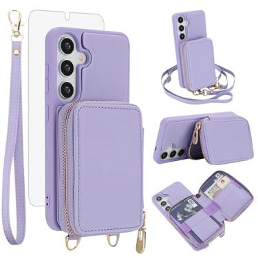 Imagem de Capa de celular para Samsung Galaxy S24/S25 5G carteira de celular com protetor de tela de vidro temperado, alça transversal, suporte para cartão de crédito com bloqueio de RFID S 24 24S 25 25S G5