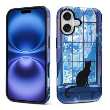 Imagem de Capa para iPhone 17, silicone macio fosco + PC rígido antiarranhões capa protetora 2 em 1 resistente à prova de choque para mulheres e homens - Familiar em Waiting Witchy Anime Black Cat
