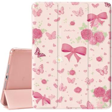 Imagem de JOYLAND Capa borboleta e laço rosa para iPad 7ª/8ª/9ª geração (2019/2020/2021) 10,2 polegadas com suporte de lápis, capa protetora com suporte de três dobras com parte traseira de TPU macio, rosa