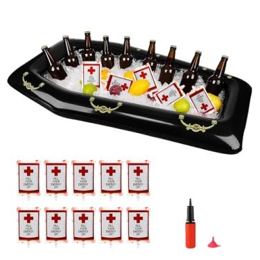 Imagem de Refrigerador inflável de 132 cm, caixão de Halloween, boias para piscina, refrigerador, suporte de bebidas, baú de gelo, buffet para festa de Halloween com bomba manual e 10 sacos de bebidas de sangue