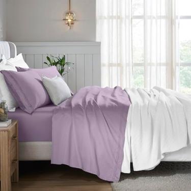 Imagem de Superior Jogo de lençol de algodão egípcio com 4 peças, 650 fios, design moderno, lençóis sustentáveis, básicos ultramacios, liso, lençol de cima, fronhas, casal, glicínias