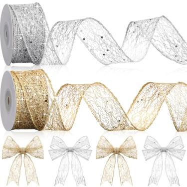 Imagem de Geosar 2 rolos de fita dourada e prata com glitter, 3,9 cm x 25,4 m, fita metálica transparente com fio para festa em casa, grinalda de embrulho de presente, artesanato faça você mesmo, decoração de