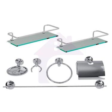 Imagem de Kit Banheiro Acessórios Aço Inox 5 Peças + 2 Porta Shampoo