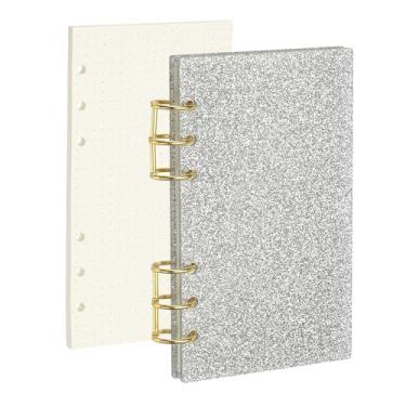 Imagem de PATIKIL Capa para caderno com 6 anéis, fichário acrílico com glitter A6, 2 anéis redondos de metal dourado com 90 folhas, papéis internos de pontos para planejador de viagens e escritório, tom