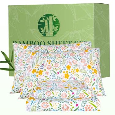 Imagem de Bedlifes California King Jogo de cama floral de 4 peças – lençóis refrescantes mistura raiom derivado de bambu, macio e respirável, bolso profundo 40,6 cm, resistente a rugas - com floral