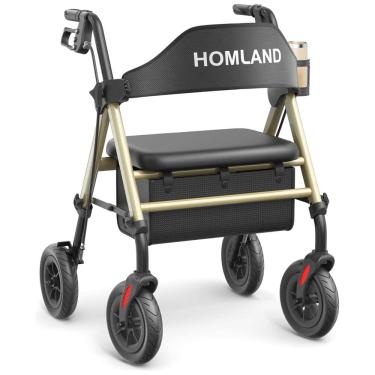 Imagem de Andador Dobrável para Idoso, com Assento, Rodas Grandes de 20 cm para Todos os Terrenos, Altura Ajustável e Suporta até 180 kg, HOMLAND