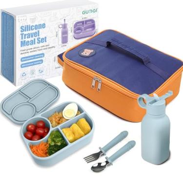 Imagem de GUDGI Conjunto de refeição de silicone, louça de 4 peças com garrafa de água de canudo de 440 ml, lancheira dividida, colher e garfo, lancheira isolada de 29 x 23 x 10 cm para viagem, escola