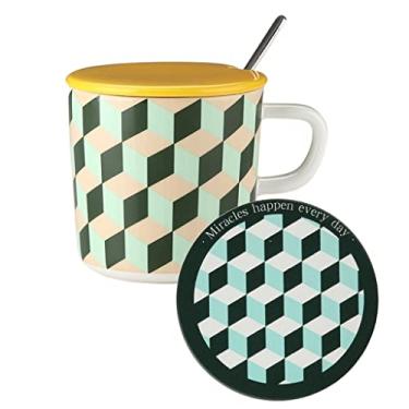 Imagem de GRFIT Caneca quadriculada copo de cerâmica com tampa e colher marca copo par par de água xícara de café casa romance café da manhã copo de leite caneca de café (cor: F)