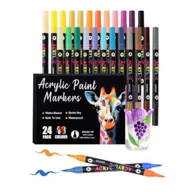 Imagem de Brled Pacote com 24 marcadores de tinta acrílica de 48 cores com pontas duplas, canetas de tinta acrílica de duas cores para crianças, adultos, pedras, ovos, madeira, rocha, tela, plástico, vidro,