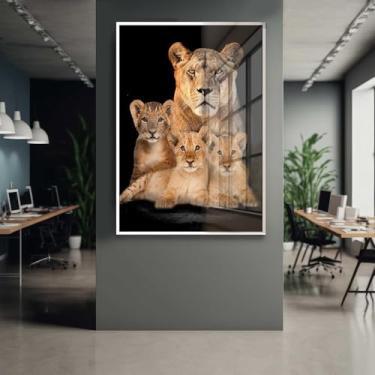 Imagem de Quadro Decorativo com Moldura e Acrilico Cristal Vidro Leoa 3 Filhotes Leões Sala Quarto Hall