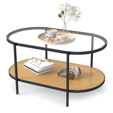 Imagem de DDK Mesa de centro oval de vime de 99 cm, mesa superior de vidro de 2 camadas com moldura de madeira de acácia