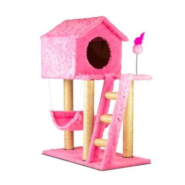 Imagem de Arranhador para Gatos Casa Dois Andares com Rede Escada e Brinquedos -